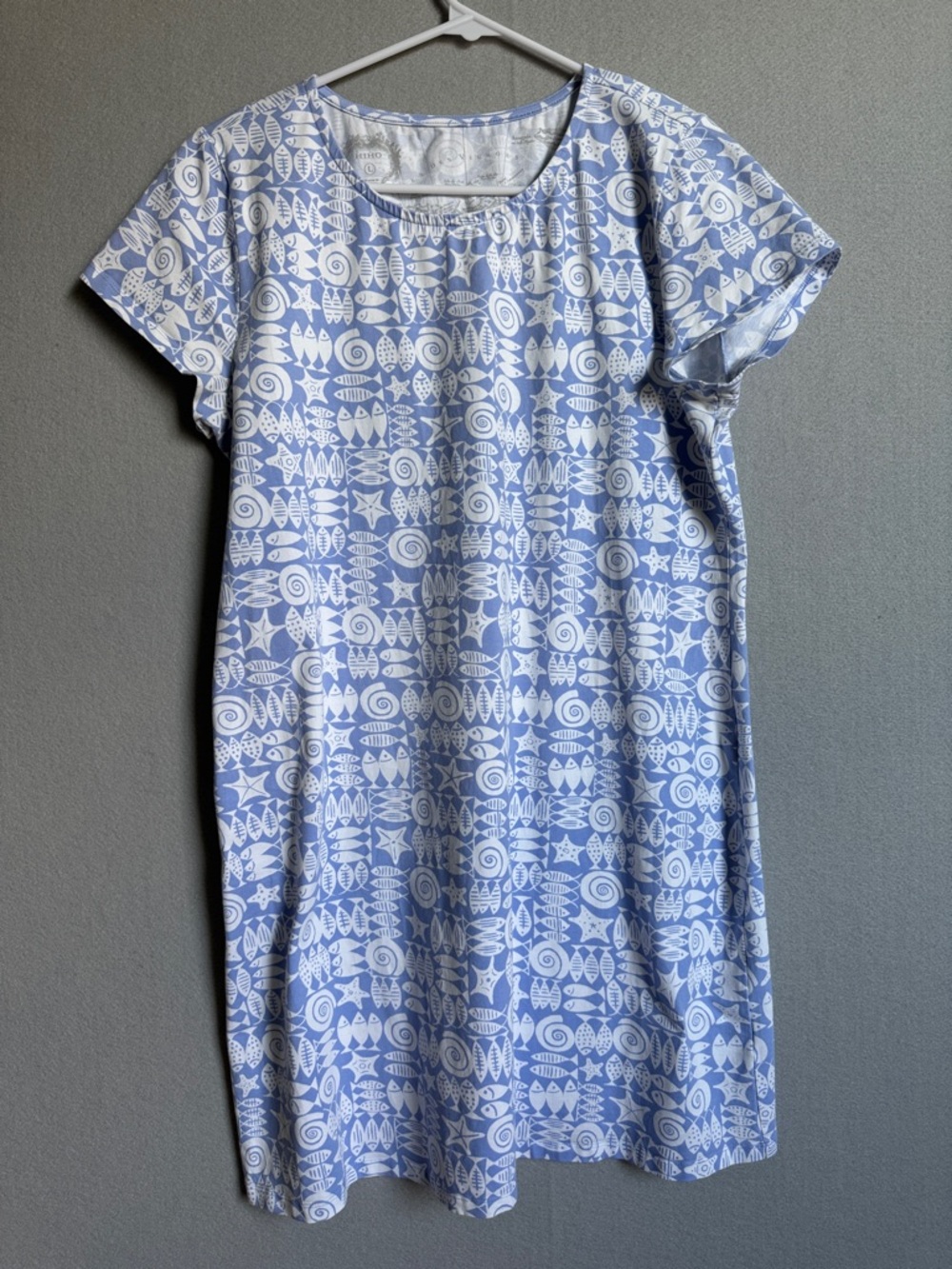 HIHO Scoop Neck T Shirt Dress Blue White Nautical Coastal Print Lg Cotton‎ Blend